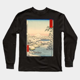 Mount Fuji from Riverbank under Snow Japanese painting Long Sleeve T-Shirt